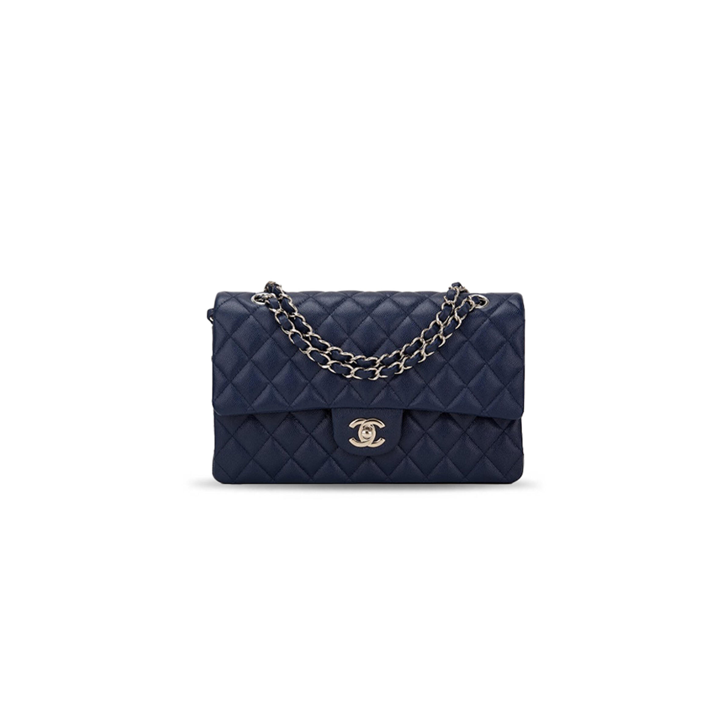 CHANEL CLASSIC DOUBLE FLAP QUILTED CAVIAR SILVER-TONE MEDIUM NAVY BLUE A01112 (25.5*15.5*6.5cm)